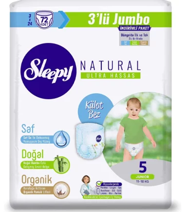 SLEEPY Natural couches culottes d'apprentissage hypoallergénique TRIPLE Jumbo Junior T5, 11-18 KG - Paquet de 72
