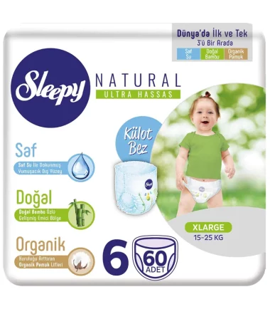 SLEEPY Natural couches culottes d'apprentissage hypoallergéniqueTRIPLE Jumbo XL T6, 15-25 KG - Paquet de 60