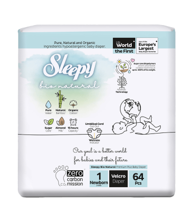 SLEEPY Bio Natural Diaper Double Jumbo Nouveau né  T1, 2-5KG - Paquet de 64
